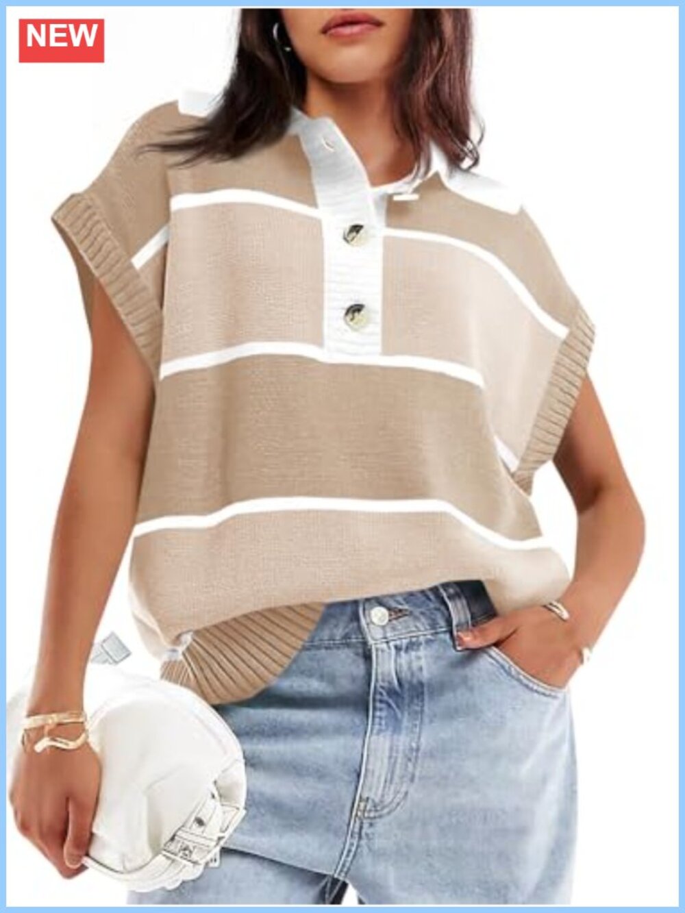 Women's Striped V-Neck Button Down Short Sleeve Knit Sweater Top